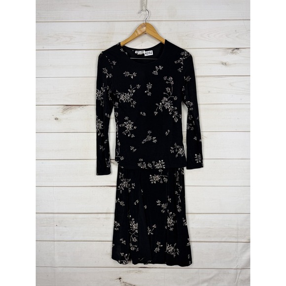 ES SL Dresses & Skirts - ES SL Top Skirt Set Womens Medium Black Floral Jersey 2 Piece Made USA